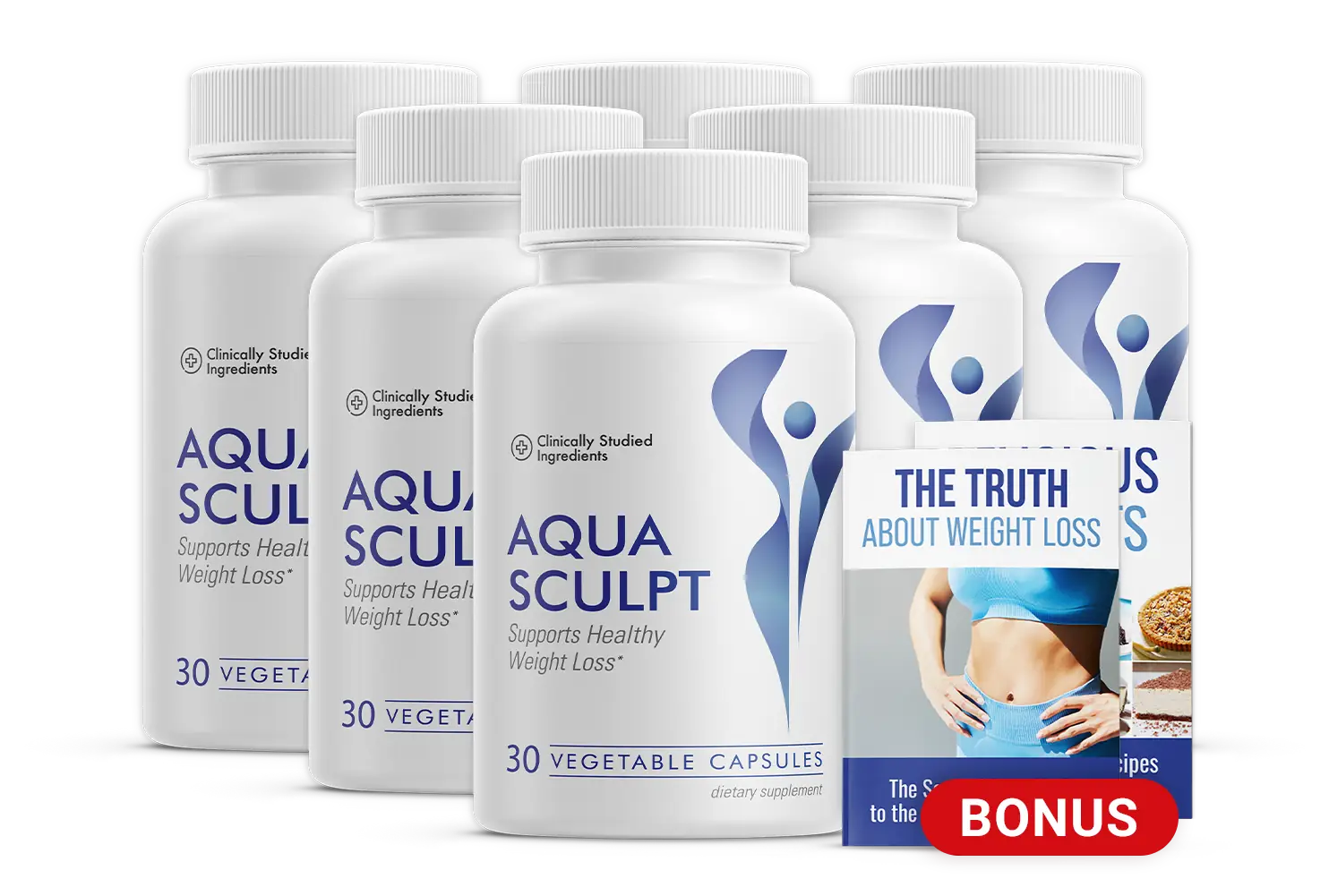 Six bottles of AquaSculpt, a 180 day supply, with bonus guides